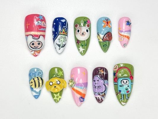 Adventure Time Cute Press On Nails | 3D Cartoon Characters & Bee Accents | Handmade Pop Culture Nail Art | Cute Animation Nail Set | JB116HC