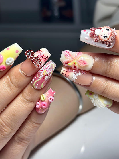 Kawaii Pastel 3D Cartoon Press On Nails | Cute Flower Nail Set | Pink Yellow Sweet Nails | Handmade Nails | Unique Character Nails| HB1306IC