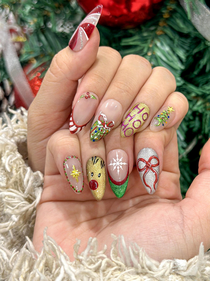 Reindeer Lights Christmas Press On Nails | Red Green Gold Festive Nails | Holiday Art | Snowflake & Gift Accents | DC935EC