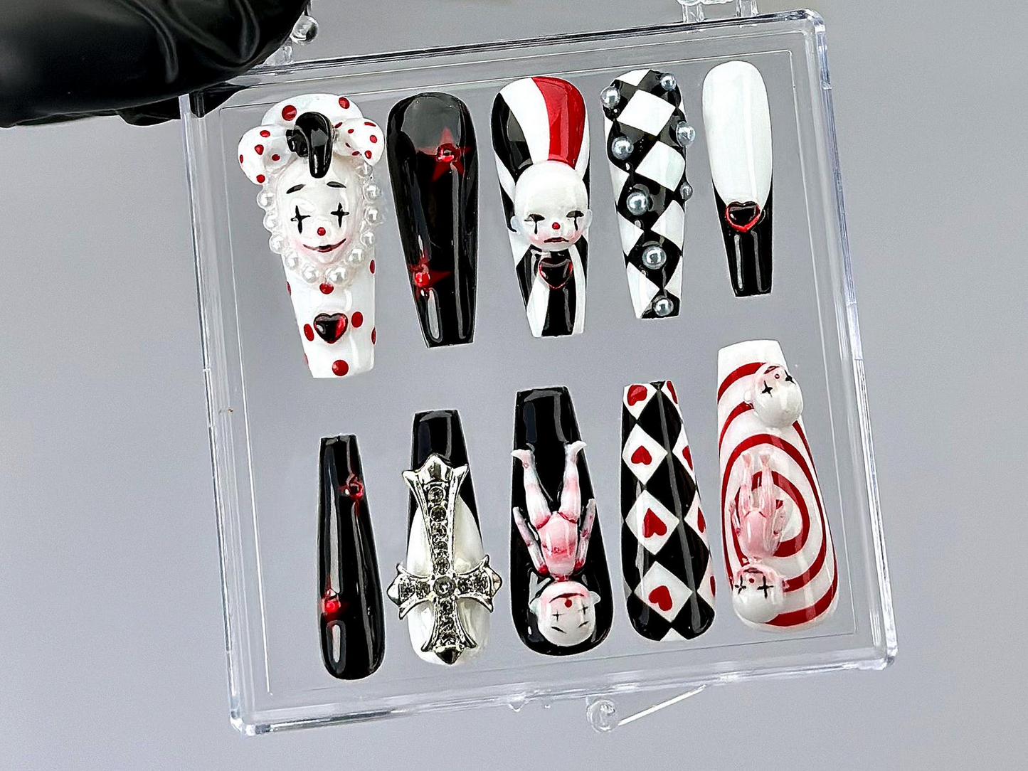 Gothic Clown Press On Nails by DoryNail | Horror Harlequin Fake nails | Creepy Cute Nail Art | Black Red White 3D Dolls Nails | HB806YK