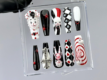 Gothic Clown Press On Nails by DoryNail | Horror Harlequin Fake nails | Creepy Cute Nail Art | Black Red White 3D Dolls Nails | HB806YK
