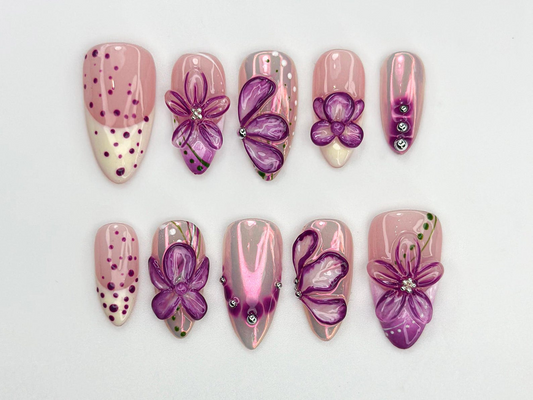 Glossy Purple Flower Press On Nails | 3D Floral Chrome Nails | Handmade Long Nails | Sparkling Violet Flower Tips| Elegant Nail Set |JC770HC