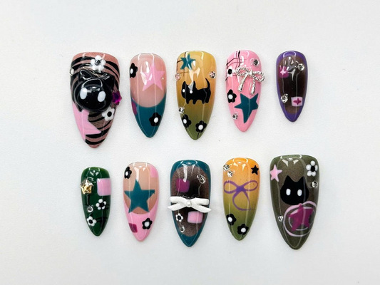 Goth Kawaii Press On Nails | Handmade Black Cat & Star Nail Art | Long Stiletto Glue On Nails | Alternative Aesthetic Gift for Her | JB913DC