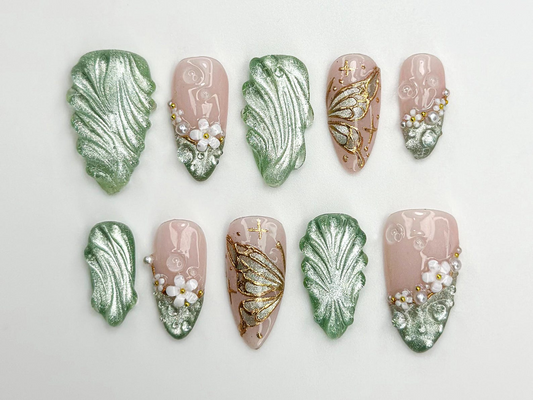 Jade Green Floral Press On Nails | Elegant Floral Nail Art | Zen Nature Press Ons | Nude Floral Butterfly Nails | Handmade 3D Nail | JB781HC