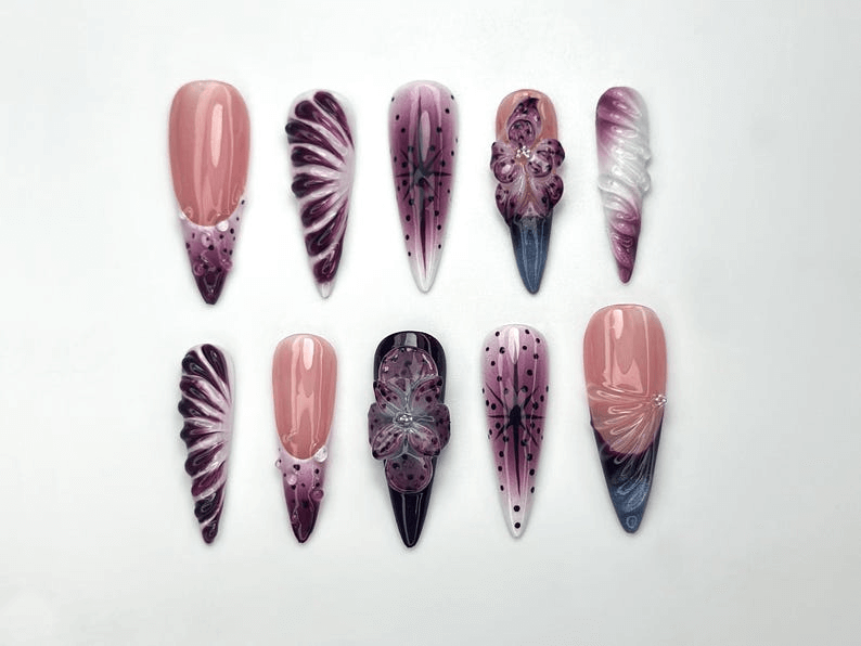 Elegant Purple Bloom Press On Nails | 3D Floral Ombre Nail Art | Nude Pink Handmade Nails | Luxury Artistic Long Set | JB1152BK