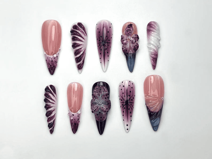 Elegant Purple Bloom Press On Nails | 3D Floral Ombre Nail Art | Nude Pink Handmade Nails | Luxury Artistic Long Set | JB1152BK