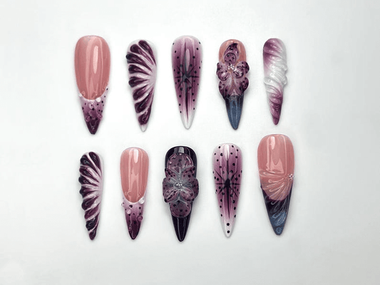 Elegant Purple Bloom Press On Nails | 3D Floral Ombre Nail Art | Nude Pink Handmade Nails | Luxury Artistic Long Set | JB1152BK