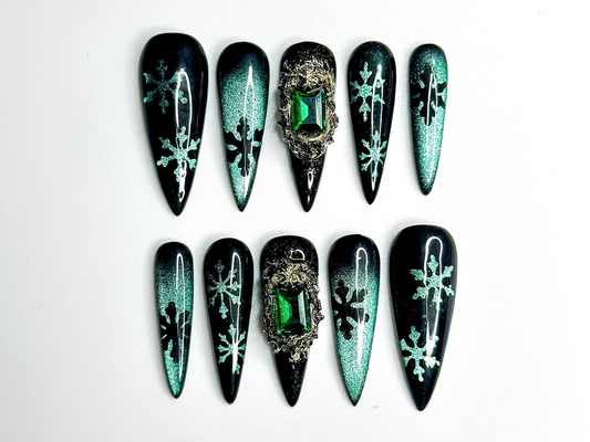 Emerald Snowflake Christmas Press On Nails | Black Green Winter Nails | Luxe Holiday Nail Art | Stiletto Press Ons | Winter Set | JB237HC