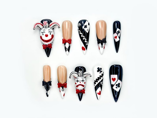 Harlequin Joker Halloween Press On Nails | Black White Red Gothic Nail Art | 3D Clown Accent Stiletto Nails | Playing Card Inspired |JB194EC