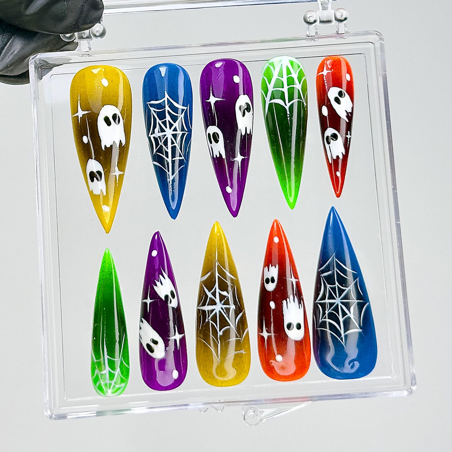 Halloween Ghost Press On Nails | Colorful Spider Web Fake Nails | Long Stiletto Creepy Cute Nail Art | Colorful Festival Press Ons | HB72YC