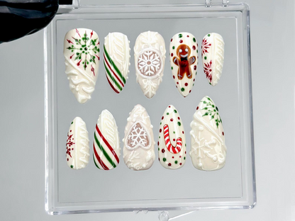 Candy Sweater Christmas Press On Nails | Snowflake Winter Nail Art | Red Green Stripe Holiday Nails |3D Cable Knit Nail | HB1212EC