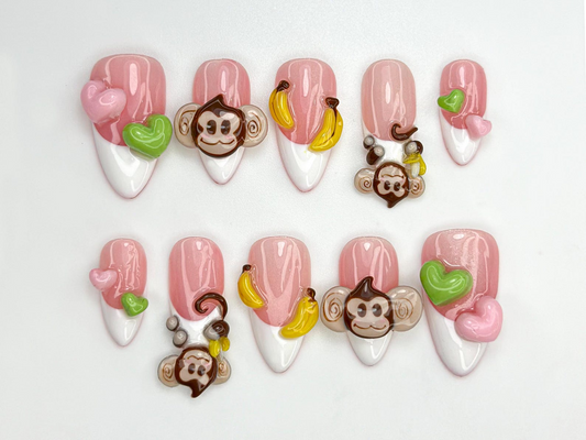 Cute Monkey Pink Cute Press On Nails | Cute 3D Banana Monkey Nails | Pink & Green Heart Nails | Kawaii Jungle Vibe | Cartoon Nails | JB811HC