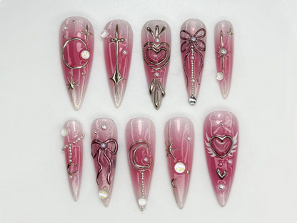 Moon & Star Romantic Press On Nails | Pink Fantasy Nail Art | Magical Soft Girl Press Ons | Pearl Dreamy Nail Set | Soft Girl Nails |JC833HC