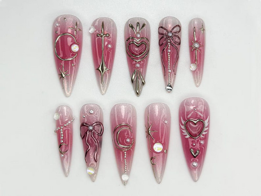 Moon & Star Romantic Press On Nails | Pink Fantasy Nail Art | Magical Soft Girl Press Ons | Pearl Dreamy Nail Set | Soft Girl Nails |JC833HC