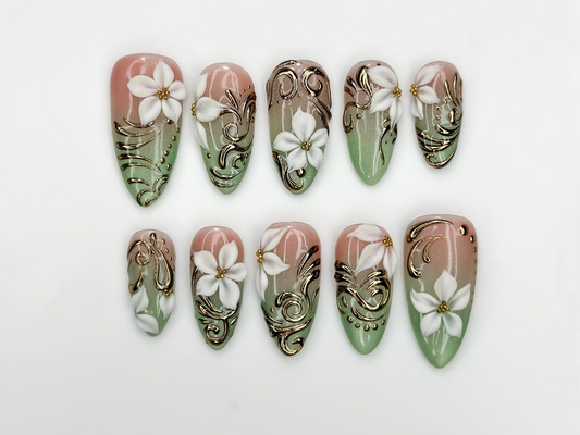 3D White Blossom Gold Press On Nails | Nude Green Luxury Stiletto Nails | Handmade Elegant Nail Art | Classic Luxury Press Ons | JB301EC
