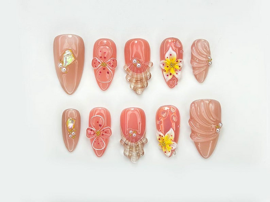 Satin Blossom Shell Press On Nails | Nude 3D Flower & Shell Art | Sculpted Textured Gel Accents | Soft Beige and Peach Tones | JC106EC