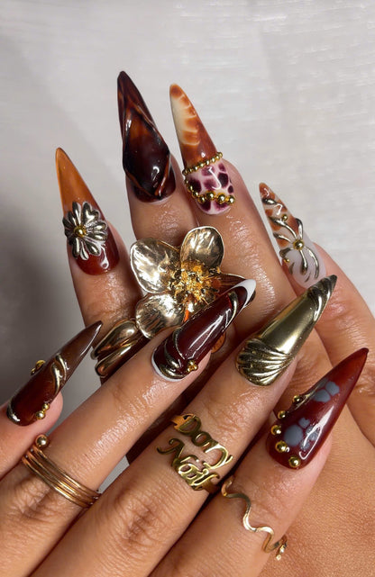 Autumn Luxe Press On Nails | Dark Red & Metallic Gold Nail Art | Handmade Gothic Glam Nails | Long Stiletto Nail | Luxury Fall Vibe| JB173HK