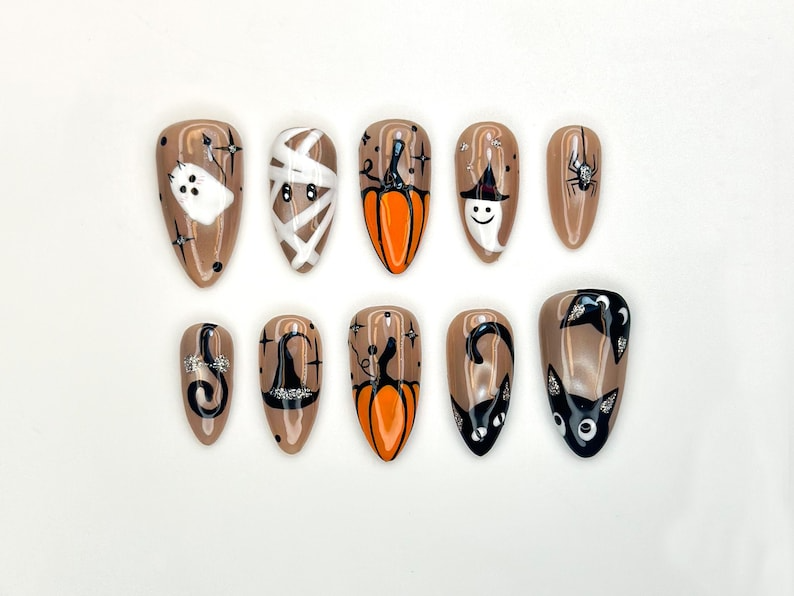 Cute Spooky Halloween Press On Nails | Ghost Pumpkin And Black Cat Nail Art | Mummy & Witchy Spider Nails | Fun Fall Nail Set | HC1153BC