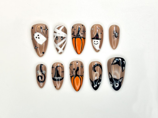 Cute Spooky Halloween Press On Nails | Ghost Pumpkin And Black Cat Nail Art | Mummy & Witchy Spider Nails | Fun Fall Nail Set | HC1153BC
