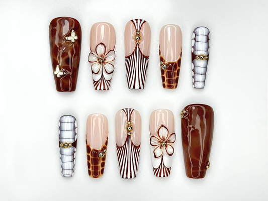 Caramel Elegance Press On Nails | Brown Marble 3D Flower Nails | Butterfly Accent & Luxe Stripe Design | Fall Long Gel Nails | HB1003EC