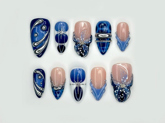 Winter Midnight Spark Press On Nails | Blue Chrome Nail Art | Silver Star 3D Nails | Elegant Winter Press Ons | JB214EC