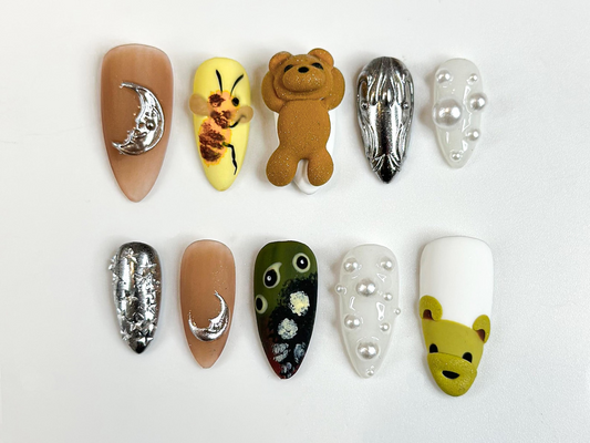 Cute Teddy Press On Nails | 3D Teddy Bear, Bee Nails | Handmade Animal Nail Art | Pearl & Chrome Accent Nails | Playful Press Ons | DB1021HC