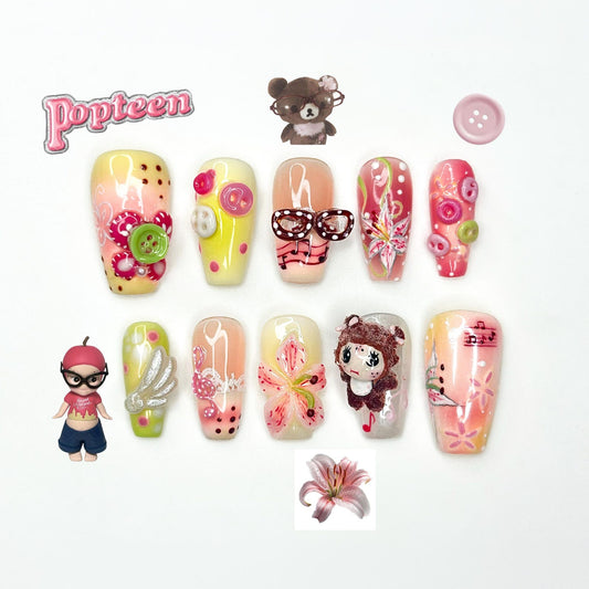 Kawaii Pastel Cartoon Press On Nails | Cute 3D Character & Flower Nails | Pink Yellow Sweet Nail Art | Artistic Press Ons | JB335IK