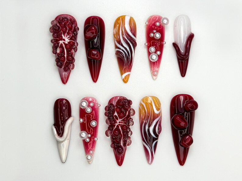 Pomegranate Lava Press On Nails | Deep Red Chrome Fruit Nails | 3D Pearl Fire Nail Art | Garnet Gradient Press Ons | Artistic Red | JB858H