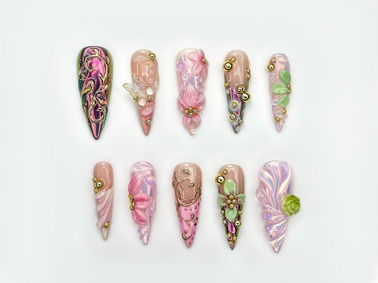 Enchanted Garden Fantasy Press On Nails | 3D Floral Nail Art | Iridescent Pink Luxury Nails | Handmade Long Sculpted Nails | JB190EC