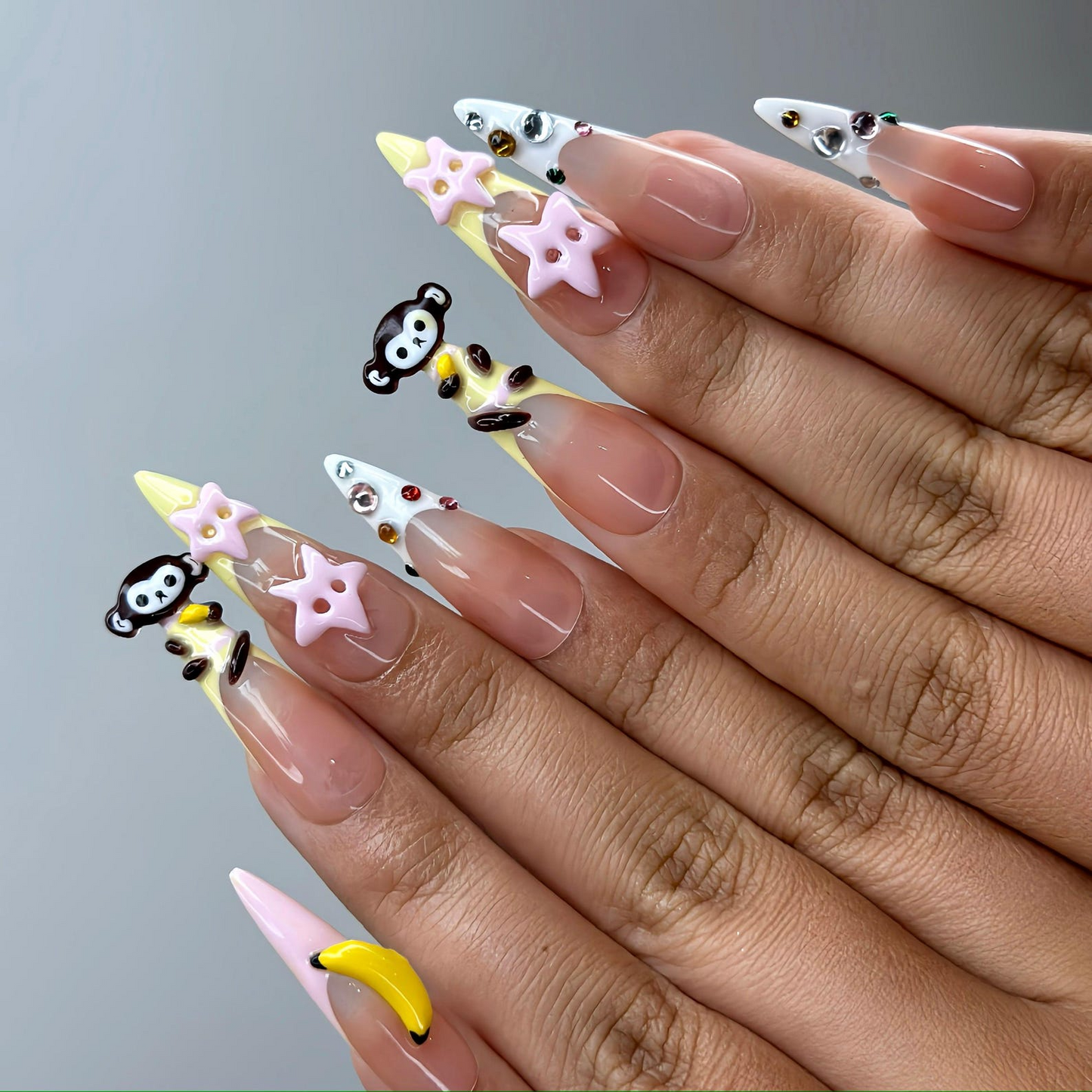 3D Monkey Banana Press On Nails | Cute Pink Star & Fruit Fake Nails | Kawaii Handmade Nail Art | Playful Cute Nails | Cartoon Nails |HB255YC