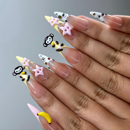 3D Monkey Banana Press On Nails | Cute Pink Star & Fruit Fake Nails | Kawaii Handmade Nail Art | Playful Cute Nails | Cartoon Nails |HB255YC
