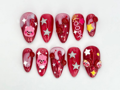 Handmade Loopy Cartoon Press On Nails | Red Nail Art with Glittering Stars & 3D Detail | Loopy-Inspired Nail | Cute Red 3D Nail Art |JB628HC