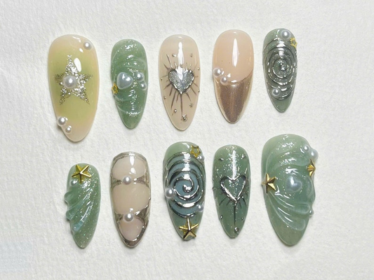 Luxury Press On Nails with Stars and Pearls | Chic and Shimmering | Custom Faux Nail Set | Perfect for Special Occasions |JC185S