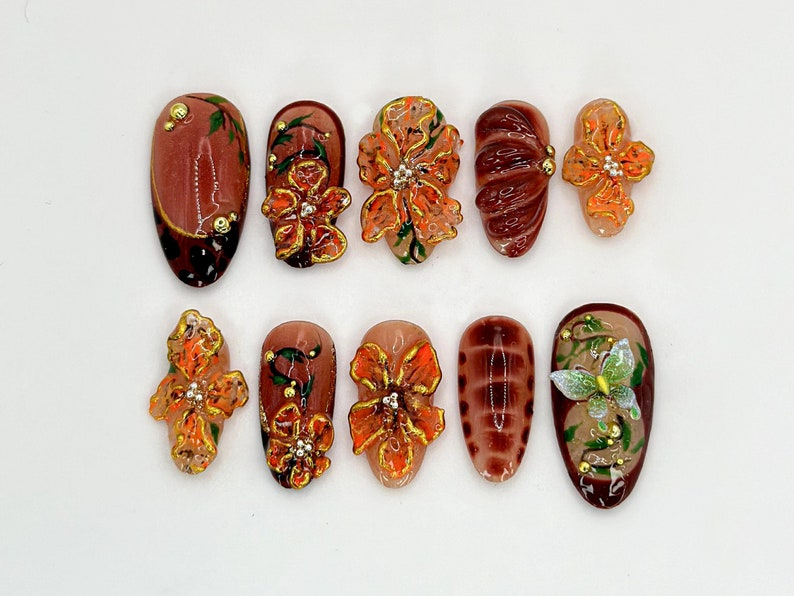 Custom Brown Floral Press-On Nails | Fall Leaves Design | Brown and Orange 3D Nail Art | Custom Nail Design | Autumn Elegance | JB595H
