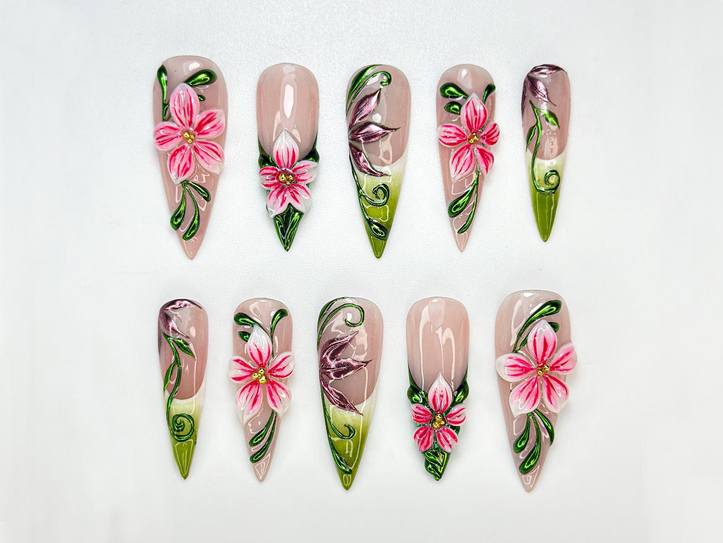 Garden Fantasy Press On Nails | 3D Pink Flower & Leaf Nails | Handmade Botanical Nail Art | Nature-Inspired | Vibrant Floral Nail | JC993HK