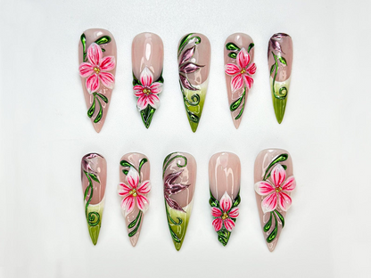 Garden Fantasy Press On Nails | 3D Pink Flower & Leaf Nails | Handmade Botanical Nail Art | Nature-Inspired | Vibrant Floral Nail | JC993HK
