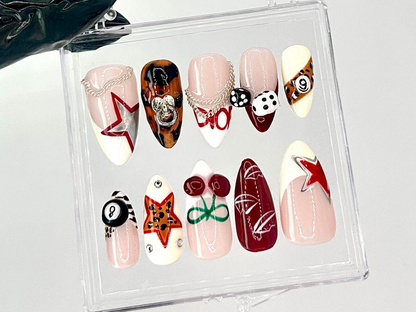 Leopard and Chain Accent Press On Nails | Gaming Themed Nail Art | Stylish Red Star Fake Nails | Leopard Print Accent Press Ons | HC726YC