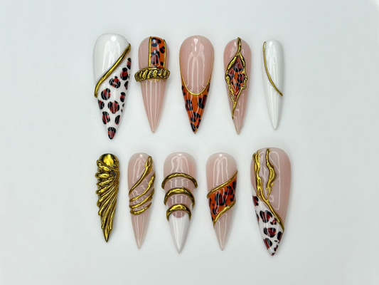 Gold Leopard Luxury Press On Nails | 3D Metallic Chrome Nails | Animal Print Stiletto | Glam Nail Set | Handmade Press Ons | JC318HC