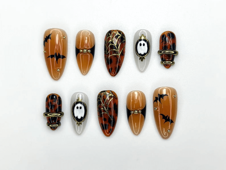 Halloween Bat Ghost Press On Nails | Spooky Spider Web Nail Art | Orange Black Fall Nails | Handmade Gothic Nail Set | JC1122BK