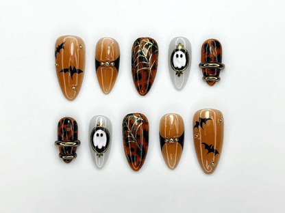 Halloween Bat Ghost Press On Nails | Spooky Spider Web Nail Art | Orange Black Fall Nails | Handmade Gothic Nail Set | JC1122BK