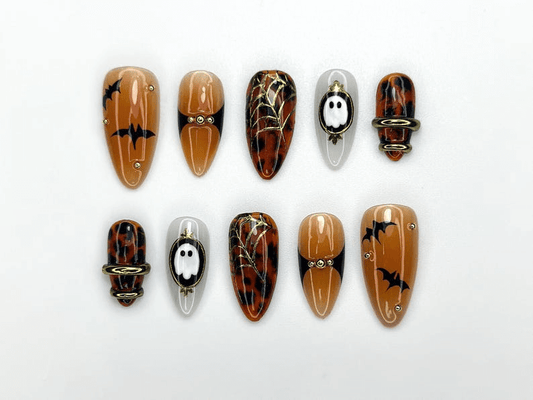 Halloween Bat Ghost Press On Nails | Spooky Spider Web Nail Art | Orange Black Fall Nails | Handmade Gothic Nail Set | JC1122BK