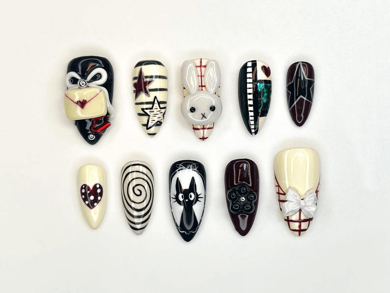 Creepy Cute Press On Nails | Gothic Mask And Bunny Nail Art | 3D Bow & Spiral Nails | Handmade Halloween Nail Set | HC1157BC