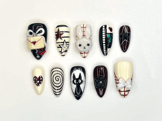 Creepy Cute Press On Nails | Gothic Mask And Bunny Nail Art | 3D Bow & Spiral Nails | Handmade Halloween Nail Set | HC1157BC
