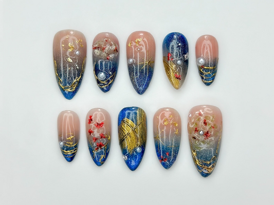 Luxury Navy Gold Press On Nails, Mystic Galaxy Floral Nails, Reusable Stiletto Nail with Gold Filigree and Shimmering Night Sky Art, JB307HC