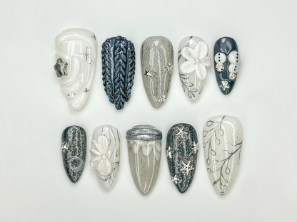 Silver Winter Stars Press On Nails | Elegant Winter Flower Nail Art | Grey Glitter Winter Nails | Frosty Holiday Press Ons | JC251EC