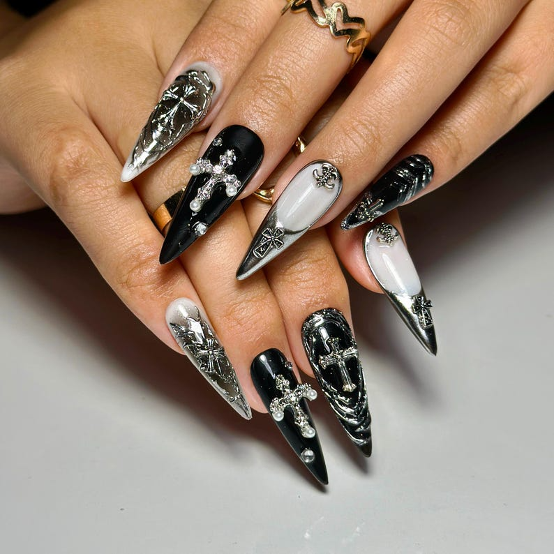 Black Gothic Press On Nails | Dark Alternative Nail Art | 3D Cross Nail Art with Pearls | Punk Fake Nails | Punk Rock Press Ons | HC194YP