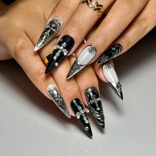 Black Gothic Press On Nails | Dark Alternative Nail Art | 3D Cross Nail Art with Pearls | Punk Fake Nails | Punk Rock Press Ons | HC194YP