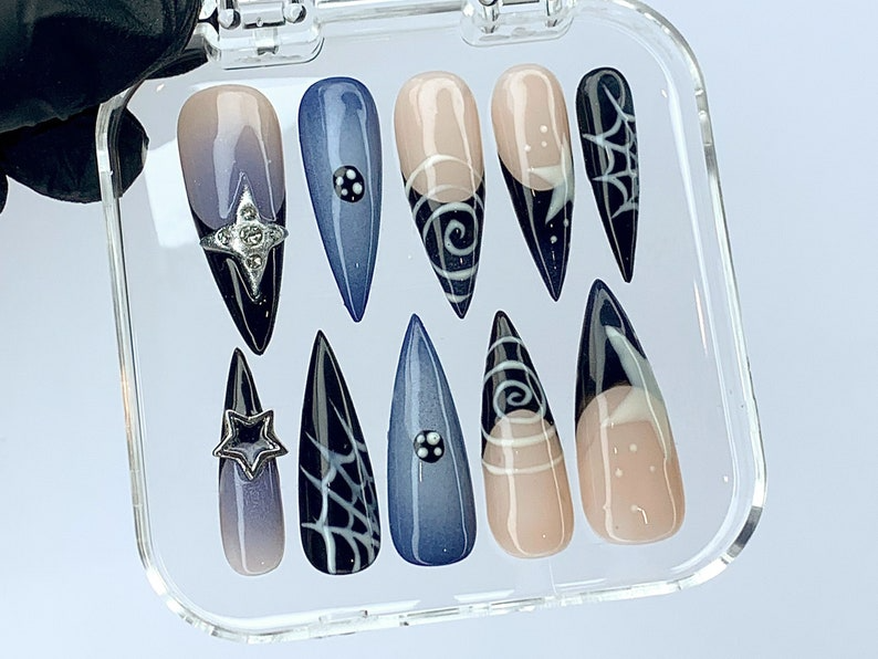 Mystic Starlight Press On Nails | French Nail Delight Acrylic | Cosmic Spider Web Nail | Unique Galaxy Nails | Trendy Y2K Nail | HC427Y