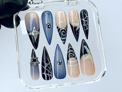 Mystic Starlight Press On Nails | French Nail Delight Acrylic | Cosmic Spider Web Nail | Unique Galaxy Nails | Trendy Y2K Nail | HC427Y
