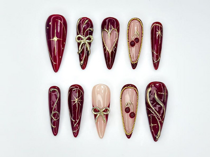 Wine Red Fall Press On Nails | Burgundy & Gold Nail Art | Autumn Holiday Nails | Handmade Glam Nail Set | Elegant Long Nails | JC1137BC